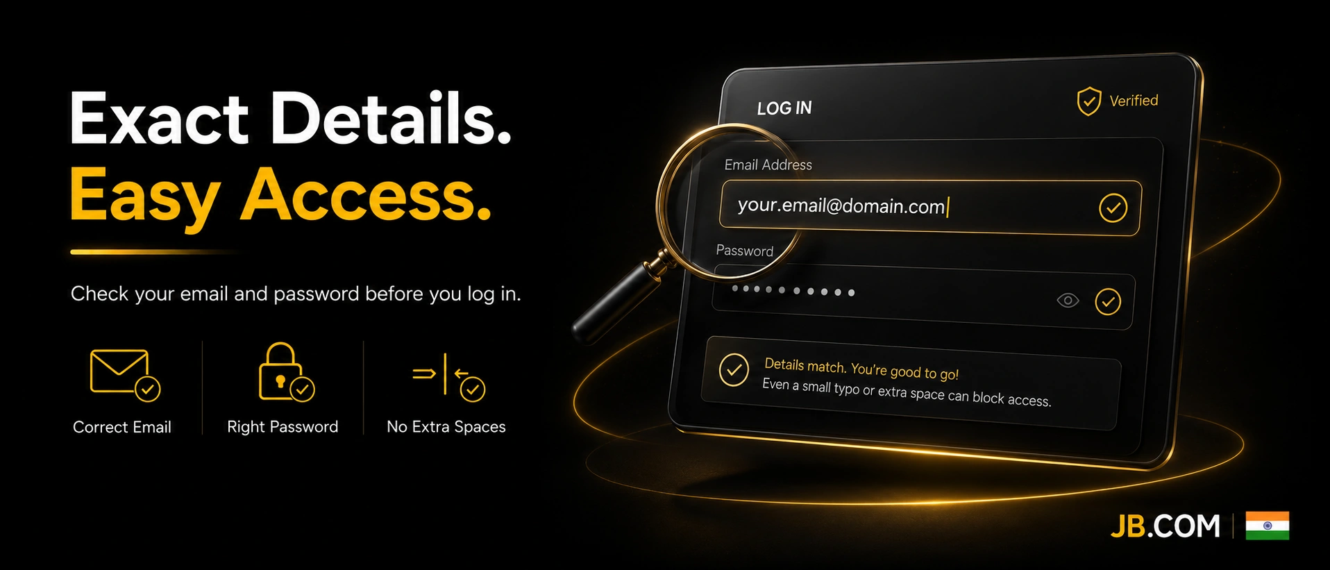 JB.COM login verification screen with email, password checks and the Indian flag