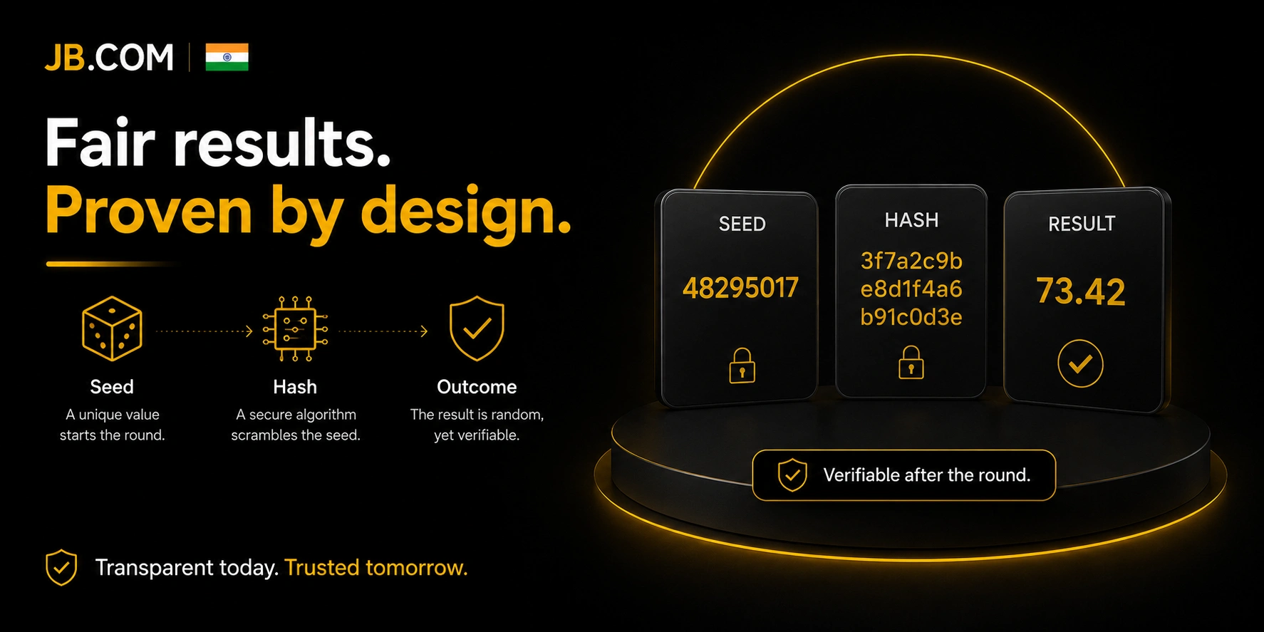 JB.COM provably fair system showing seed, hash and verifiable game results