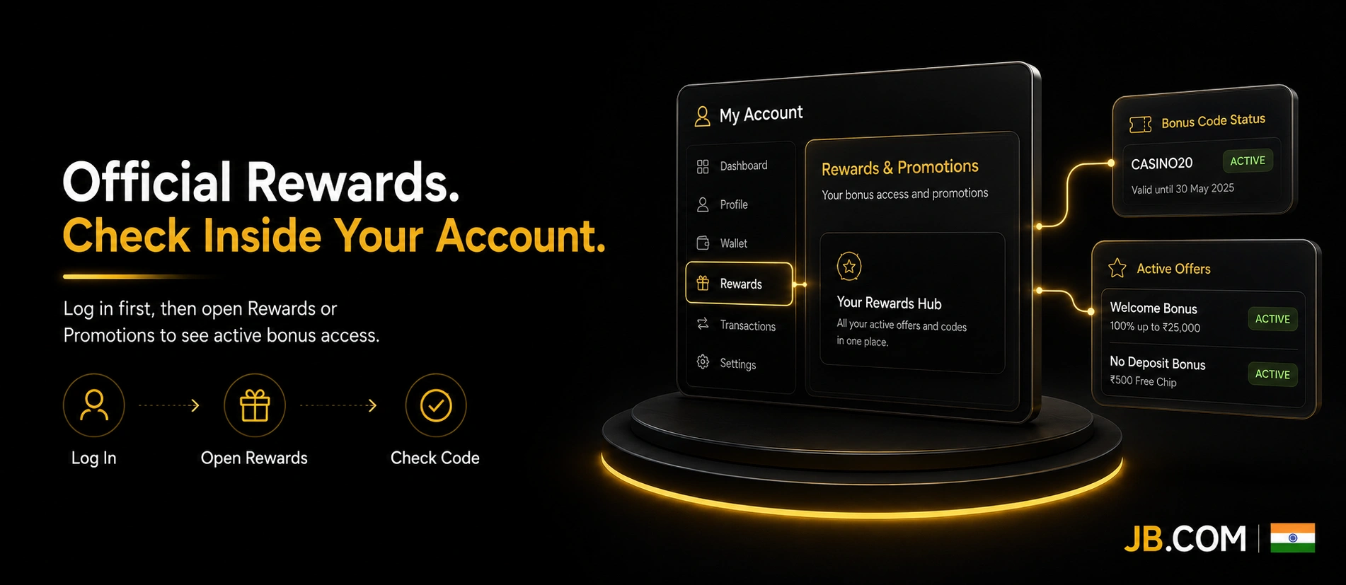 JB.COM rewards center displaying active bonuses and promotions for Indian players