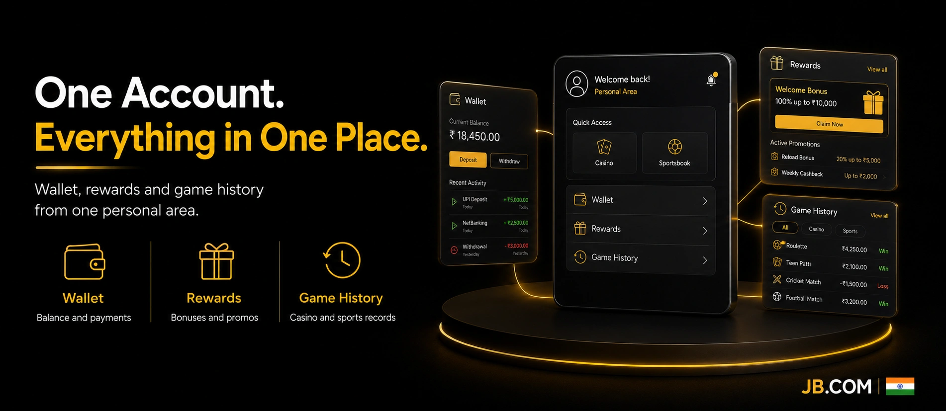 JB.COM account dashboard showing wallet, rewards and game history for India